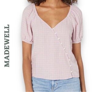 Madewell Lavender Purple Gingham Wrap Blouse 2X Puff Sleeve